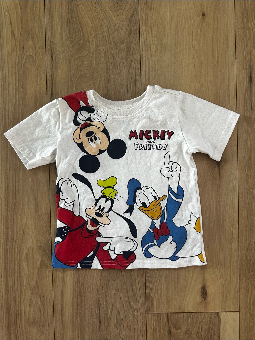 Disney White Mickey & Friends Graphic Tee with Red, Blue, Yellow Accents
